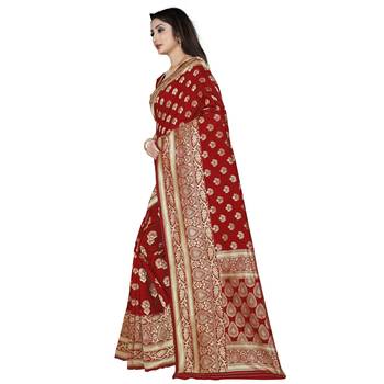 Red printed silk blend saree with blouse 2