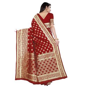 Red printed silk blend saree with blouse 3