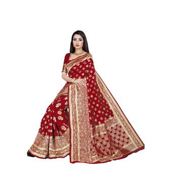 Red printed silk blend saree with blouse 4