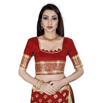 Red printed silk blend saree with blouse 5