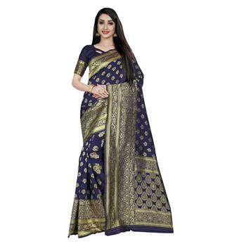 Blue printed silk blend saree with blouse 1