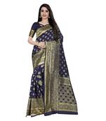 Blue printed silk blend saree with blouse