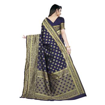 Blue printed silk blend saree with blouse 3