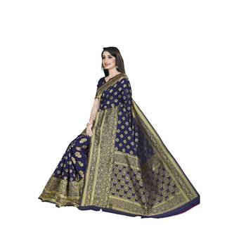 Blue printed silk blend saree with blouse 4
