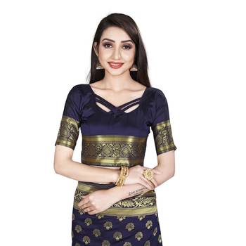 Blue printed silk blend saree with blouse 5