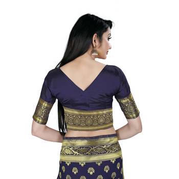 Blue printed silk blend saree with blouse 7
