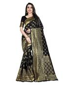 Black printed silk blend saree with blouse