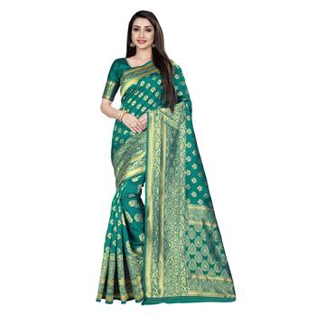 Green printed silk blend saree with blouse 1