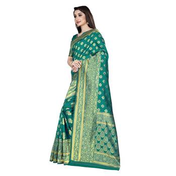 Green printed silk blend saree with blouse 2