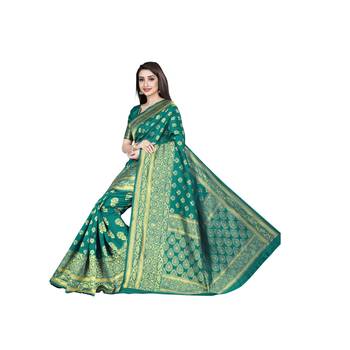 Green printed silk blend saree with blouse 4