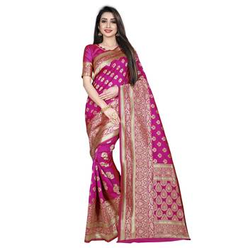 Pink printed silk blend saree with blouse 1
