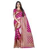 Pink printed silk blend saree with blouse