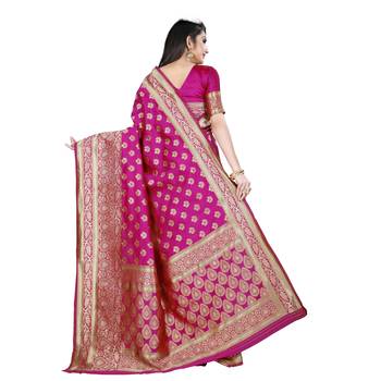 Pink printed silk blend saree with blouse 3