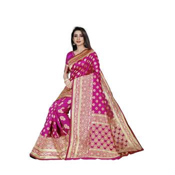 Pink printed silk blend saree with blouse 4