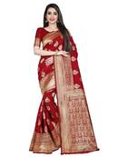 Red printed silk blend saree with blouse