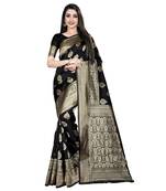 Black printed silk blend saree with blouse