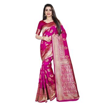 Pink printed silk blend saree with blouse 1
