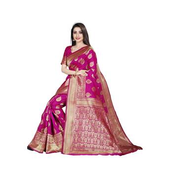 Pink printed silk blend saree with blouse 4