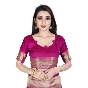 Pink printed silk blend saree with blouse 5