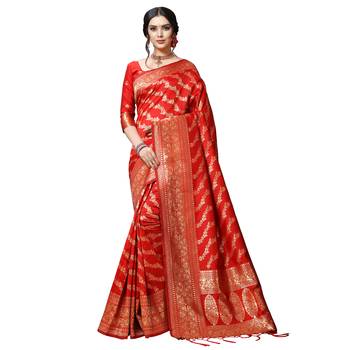 Red printed silk blend saree with blouse 1