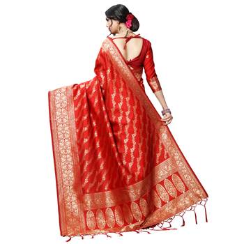 Red printed silk blend saree with blouse 3