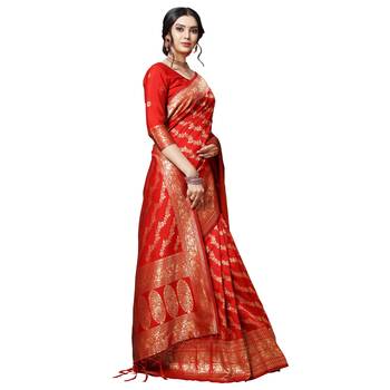 Red printed silk blend saree with blouse 4