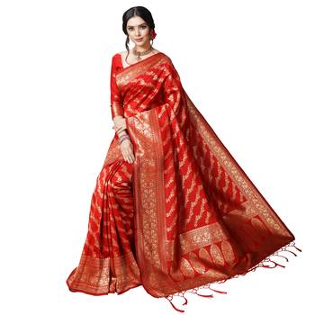 Red printed silk blend saree with blouse 5