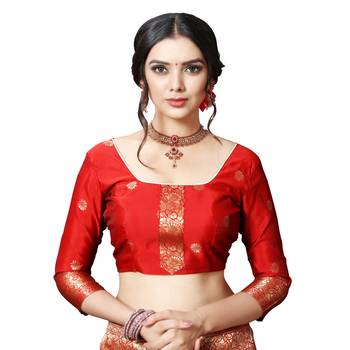 Red printed silk blend saree with blouse 6