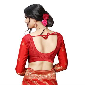 Red printed silk blend saree with blouse 8