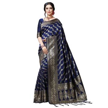 Blue printed silk blend saree with blouse 1