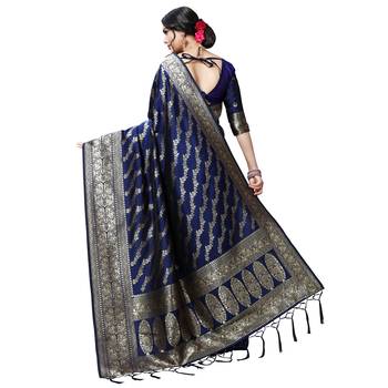 Blue printed silk blend saree with blouse 3