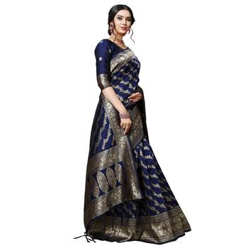 Blue printed silk blend saree with blouse 4