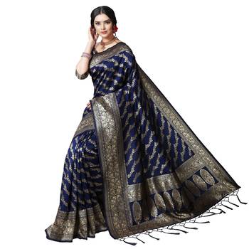 Blue printed silk blend saree with blouse 5