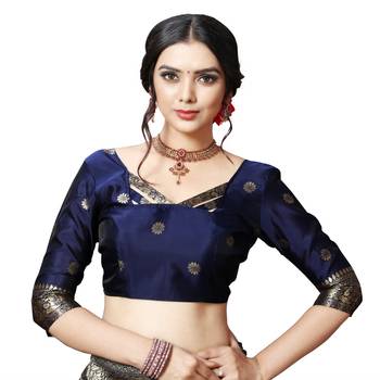 Blue printed silk blend saree with blouse 6