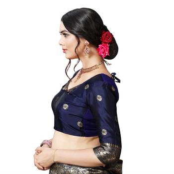 Blue printed silk blend saree with blouse 7