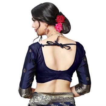 Blue printed silk blend saree with blouse 8