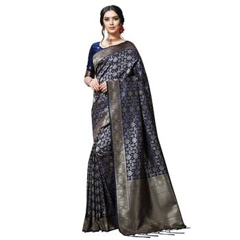 Blue printed silk blend saree with blouse 1