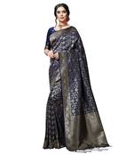 Blue printed silk blend saree with blouse