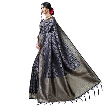 Blue printed silk blend saree with blouse 2