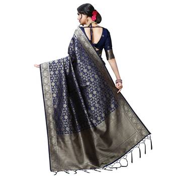 Blue printed silk blend saree with blouse 3
