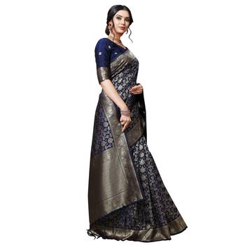 Blue printed silk blend saree with blouse 4