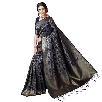Blue printed silk blend saree with blouse 5