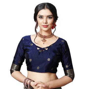 Blue printed silk blend saree with blouse 6