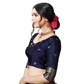 Blue printed silk blend saree with blouse 7