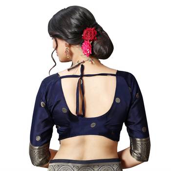 Blue printed silk blend saree with blouse 8