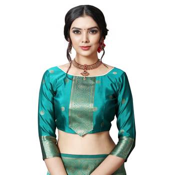 Green printed silk blend saree with blouse 6