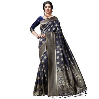 Blue printed silk blend saree with blouse 1
