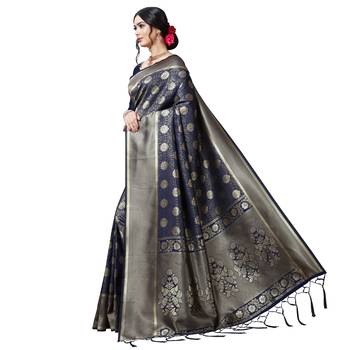 Blue printed silk blend saree with blouse 2