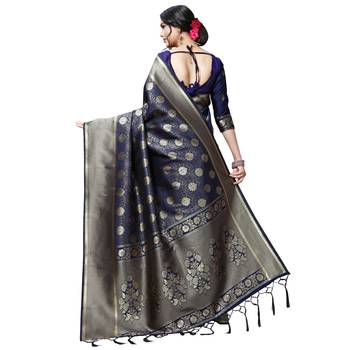Blue printed silk blend saree with blouse 3