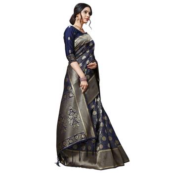 Blue printed silk blend saree with blouse 4